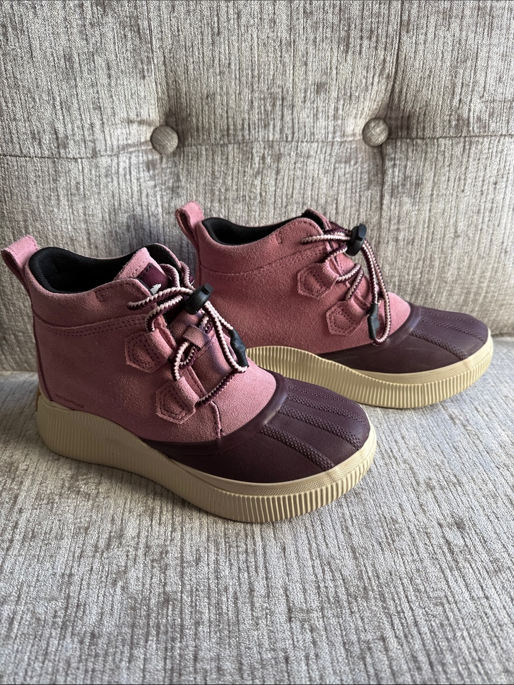 Sorel Pink Suede & Burgundy Duck Booties with Cream Sole